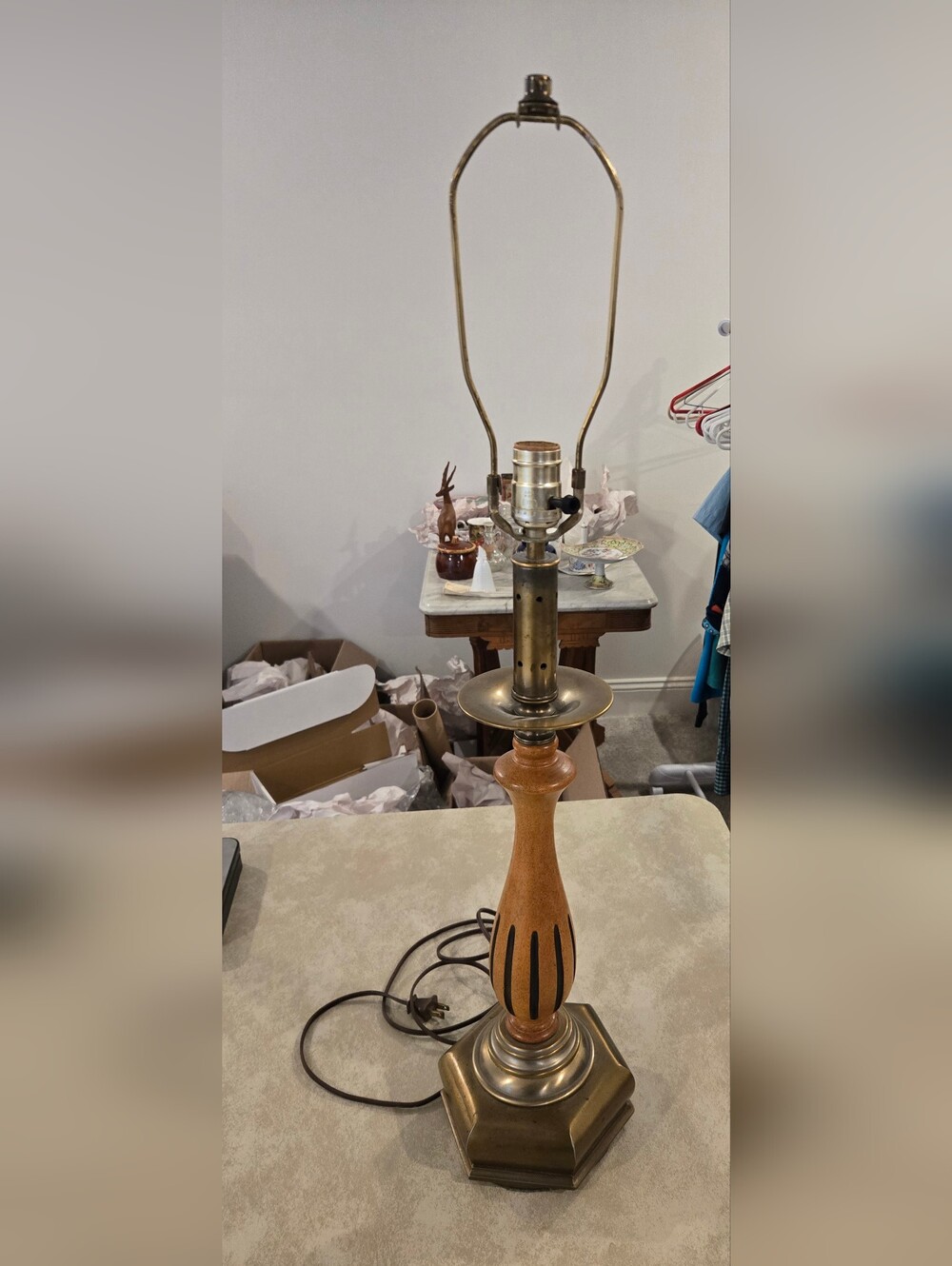 Vintage Mid-Century Wood Table Lamp with Brass Accents